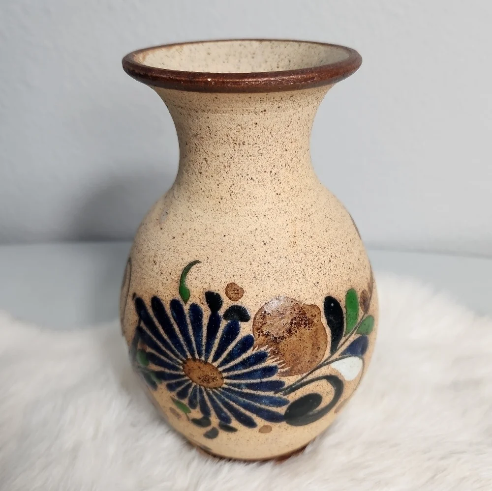 Mexican Tonala Sandstone Pottery Folk Art Floral Vase-6